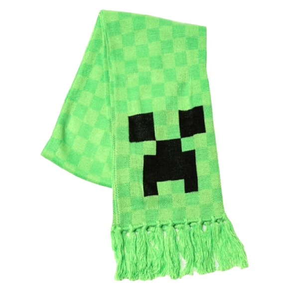 J¡NX Minecraft Creeper Face Fringe Ends Acrylic Knit Scarf Unisex Green Black OS - Picture 8 of 15